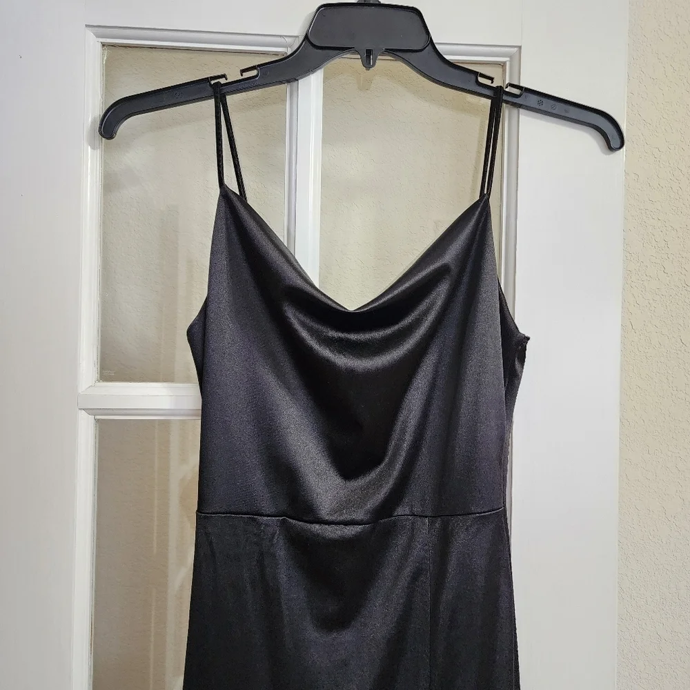 Vibe Sportswear Black Satin Slip Dress Cowl Neck Side Slit Y2K Minimalist 90s
